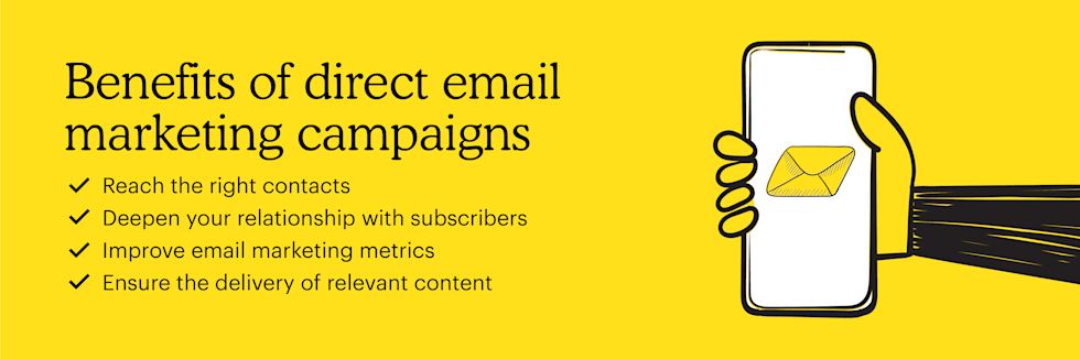 Graphic with an illustrated hand holding a mobile phone and the headline "benefits of direct email marketing campaigns" 
