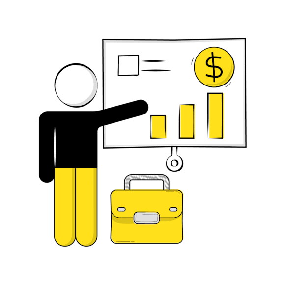 presenting a case study concept - Stick figure in yellow pants points to financial chart with rising bars and dollar symbol, yellow briefcase below