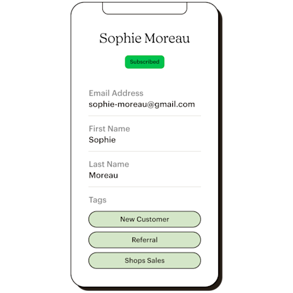 Mobile view of Sophie Moreau's profile with contact information and tags.