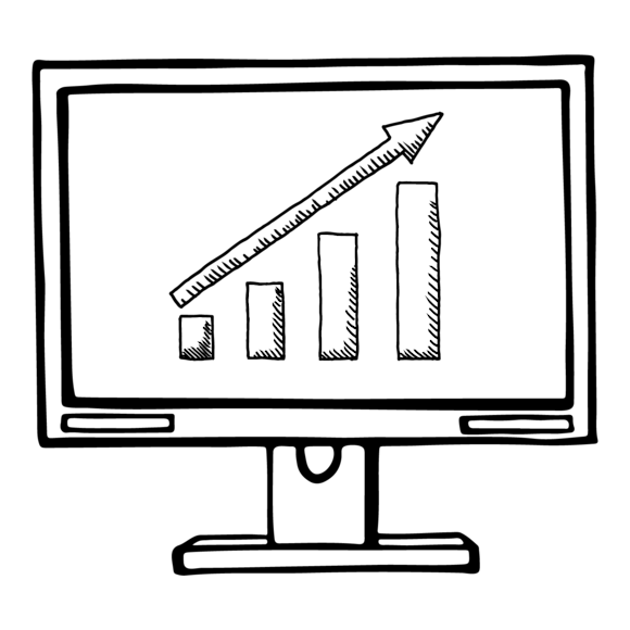 computer with a graph on the screen with an arrow pointing up