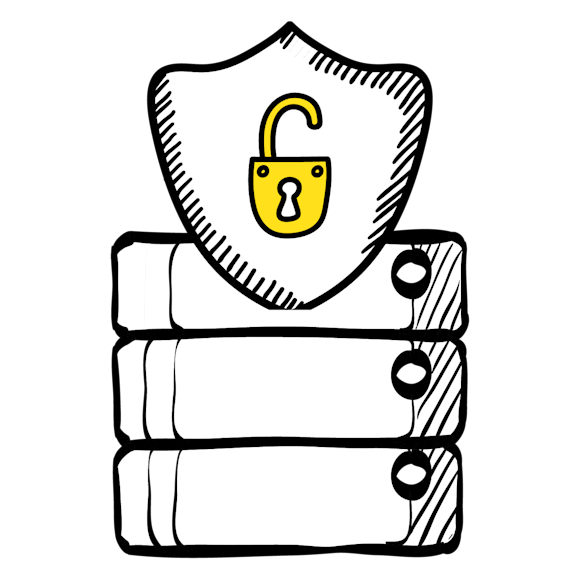 Graphic showing servers with a shield and an open lock over them.