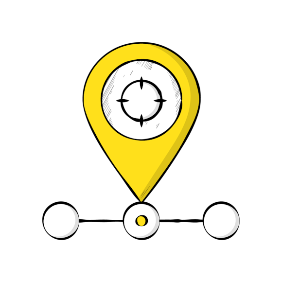UTM tags - A yellow location pin icon with a crosshair center floating above three connected circles in a horizontal line