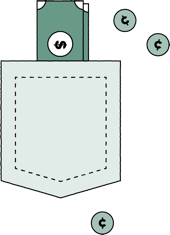 A simple illustration of a shirt pocket with a green dollar bill peeking out and small coins floating around it