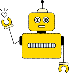 A bright yellow robot face with spiral eyes and a loading bar mouth on a black background, with small white icons in the corners