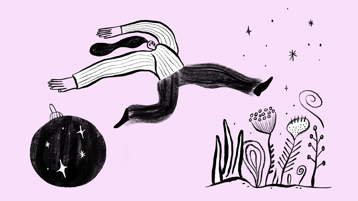 Illustration of a woman jumping over an ornament and flowers