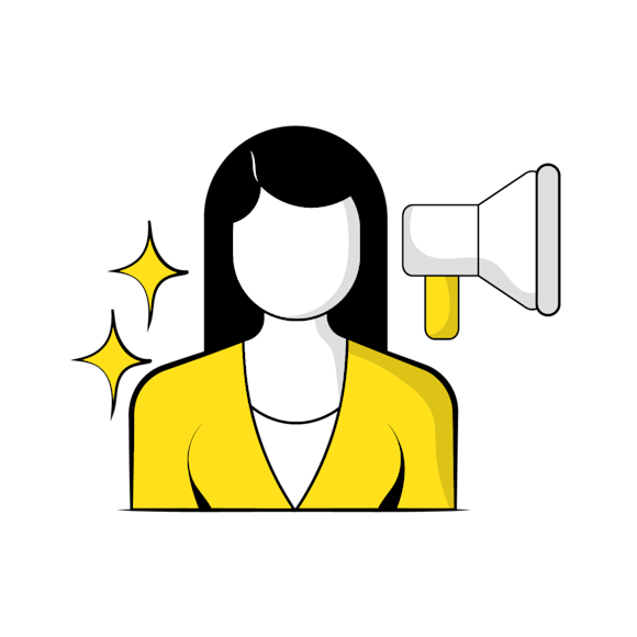  What is influencer marketing? concept - Minimalist illustration of a person in a yellow blazer with sparkles and a megaphone icon, representing communication or leadership