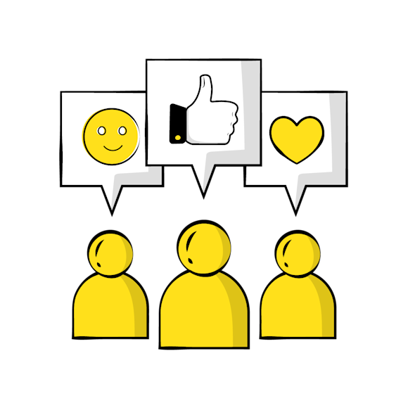 Simple line drawing showing three yellow smiley face icons at the bottom connected to boxes with smiling emojis above by downward arrows