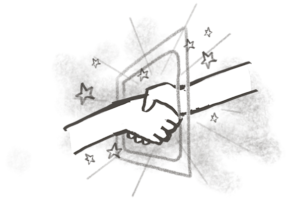 Hands shaking through screen