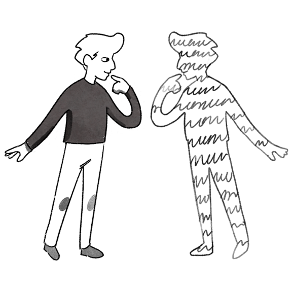 Man facing an outlined copy of himself