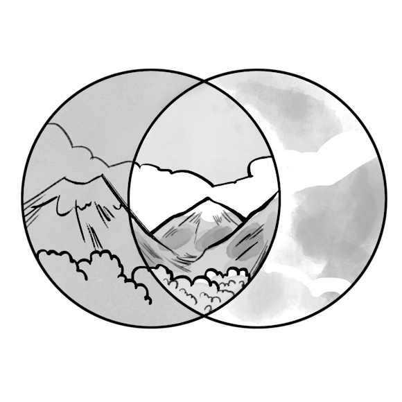 Two circles overlapping with the image of mountains
