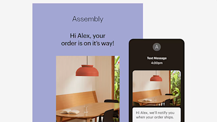 Mobile app interface showing order confirmation message with dining room photo featuring wooden table and coral pendant light