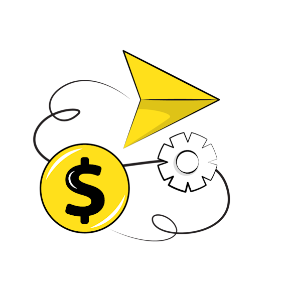 website monetization concept - Illustration showing a yellow dollar sign coin connected to a gear icon and yellow arrow, suggesting financial processes or money flow
