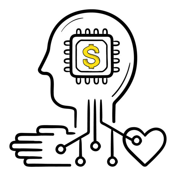 Graphic of a robot with a dollar sign inside it and a hand and heart next to it