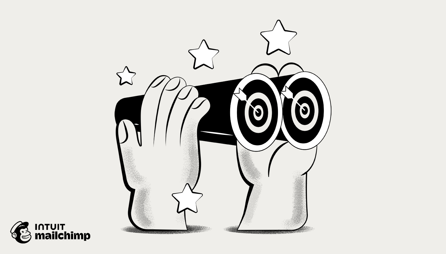 Black and white illustration of cartoon hands holding binoculars with hypnotic spiral lenses, surrounded by stars