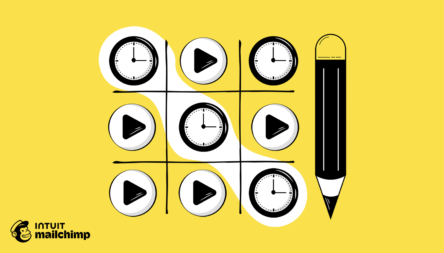 Tic-tac-toe grid on yellow background with alternating clock faces and play buttons, and a black pencil icon on the right side