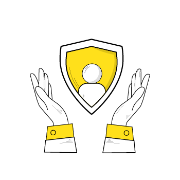GDPR policies - Line drawing of hands holding shield icons in yellow and white