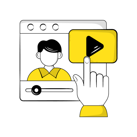 email video tips concept - illustration of a video player interface with a person in yellow shirt and a hand clicking a yellow play button overlay