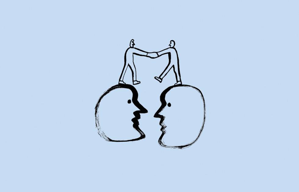 A drawing of two people shaking hands while standing on a pair of giant heads.