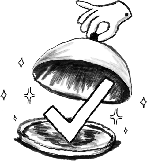 Hand lifting cloche dome to reveal checkmark symbol, with sparkles around it, drawn in black and white sketch style