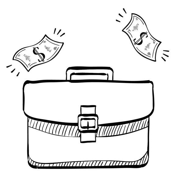 sketch of a briefcase with dollar bills floating above it, suggesting business or financial concept