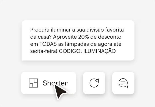 Versão simplificada da interface do usuário do Mailchimp que mostra as ferramentas com IA que os usuários podem utilizar para criar e editar campanhas de SMS. A IA sugeriu uma mensagem de marketing que diz: “quer iluminar e alegrar o seu cômodo preferido da casa? Tenha 20% de desconto em TODAS as luminárias de hoje até sexta-feira! CÓDIGO: ILUMINAÇÃO"
