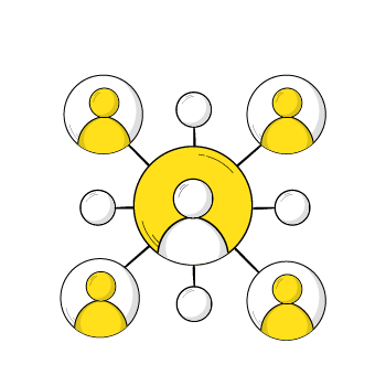 what is a keyword - Simple line drawing showing a central figure connected to four yellow user icons in a radial network pattern