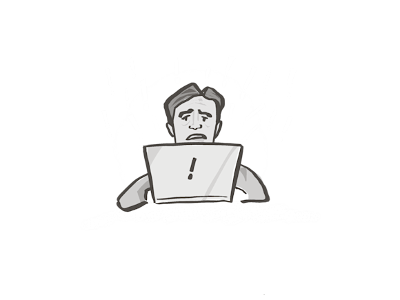 Man on laptop with exclamation point on the front