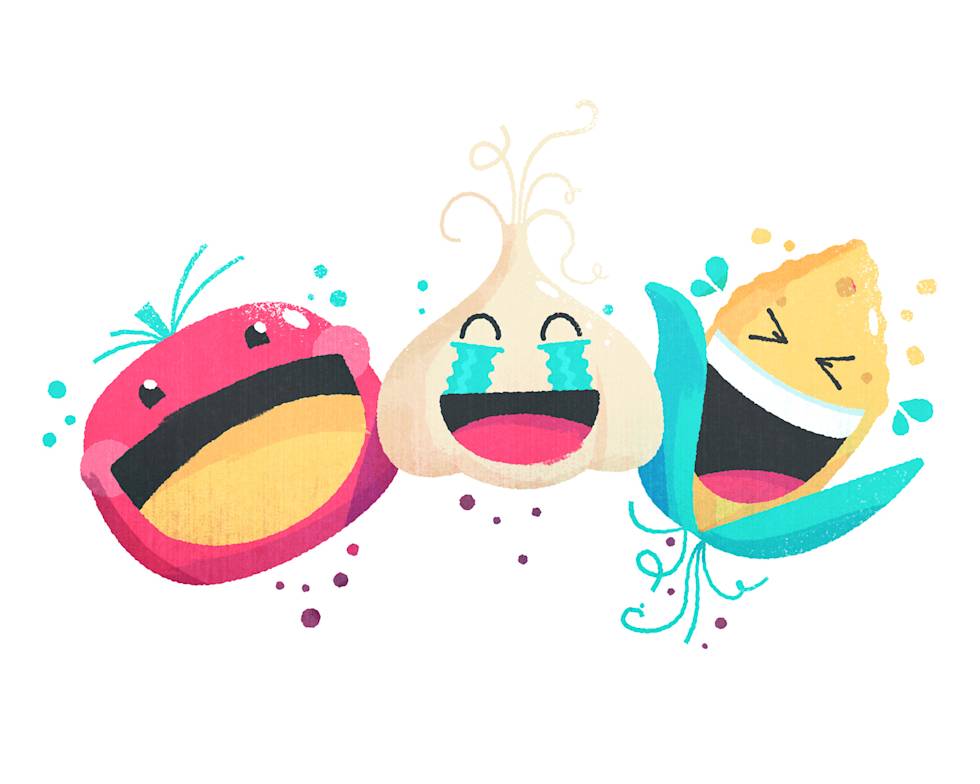 Colorful cartoon laughing emoji faces with pink, yellow and turquoise splashes and decorative swirls in a playful arrangement