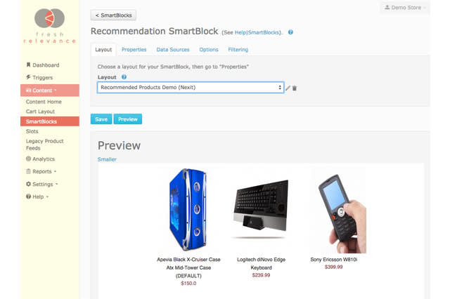 Screenshot of Fresh Relevance SmartBlock interface showing product recommendations layout with computer peripherals and accessories