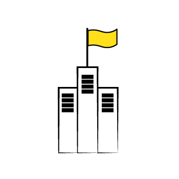 vision statement - Simple line drawing of buildings with yellow flags on top, shown in black and white minimalist style