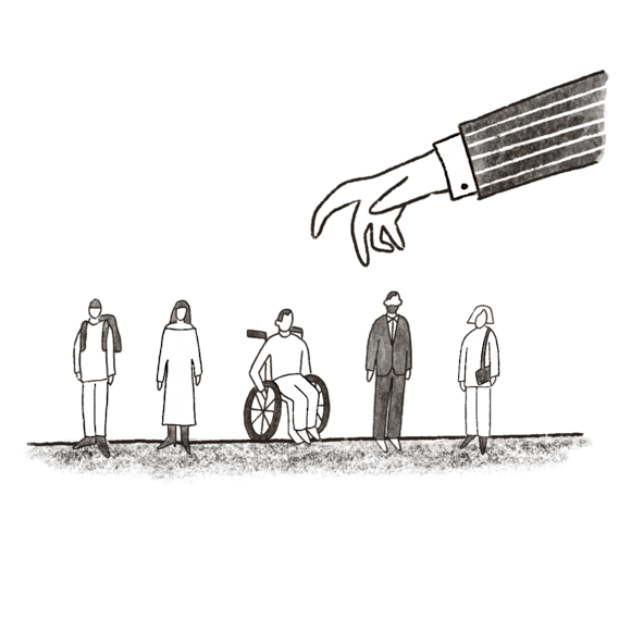 Large hand reaching over 5 customers