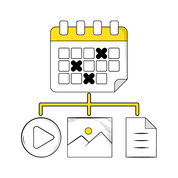 Calendar with marked dates connected to three icons below: a play button, an image thumbnail, and a document