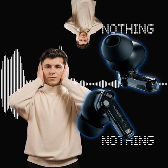 Two people in beige sweaters with sound wave graphics and black wireless earbuds against dark background, "Nothing" text displayed