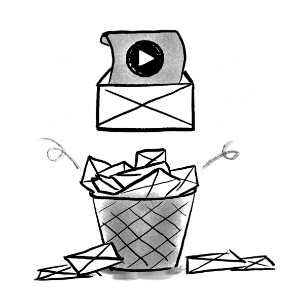 Video email above a trash can full of emails