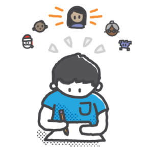 Cartoon figure in blue shirt looking down at phone, surrounded by floating social media and gaming icons