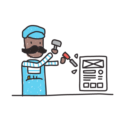 Cartoon handyman in blue uniform with mustache using tools to repair or install a control panel or device
