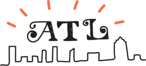 Black text logo reading "ATL" with a simple city skyline silhouette below and orange rays above