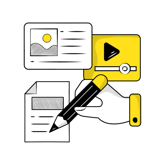 website and email marketing - Illustration of a yellow pencil next to content blocks, with a play button icon and image placeholder, suggesting content creation or editing