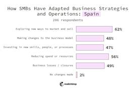 Spain SMBs
Changes made to business strategy or operations
Exploring new ways to market and sell 62%
Making changes to the business model 48%
Investing in new skills, people, or processes 47%
Reducing spend or resources 56%
Business losses/closures 49%
No changes made 2%