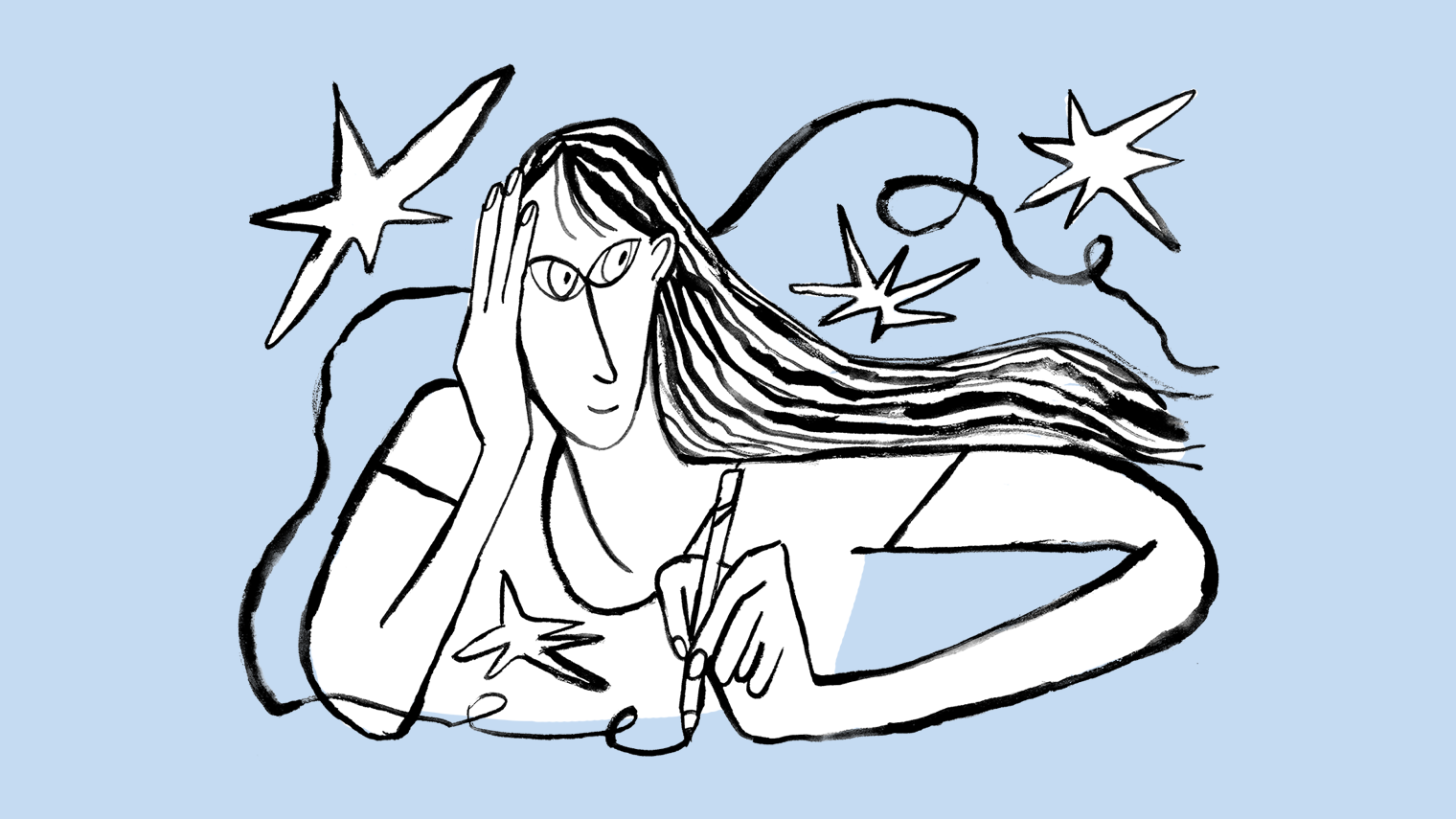 A woman doodling and pondering