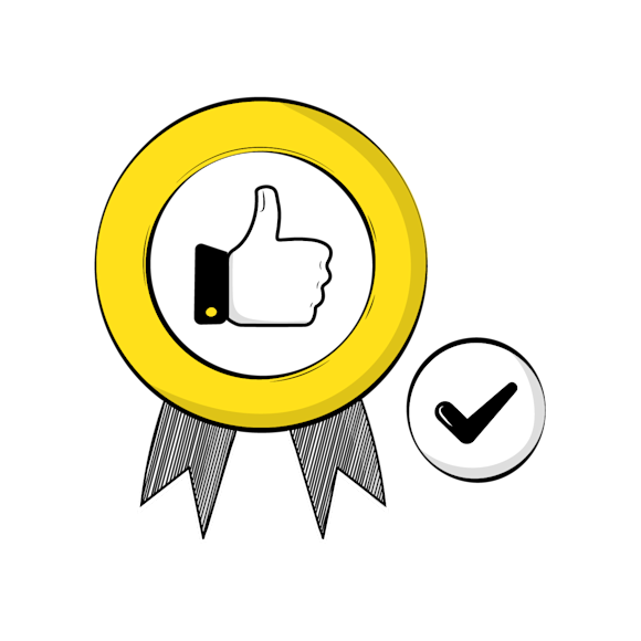 brand manifesto tips - Two abstract badge or medal icons - one large yellow circular design like a ribbon and one smaller white circular design with checkmark