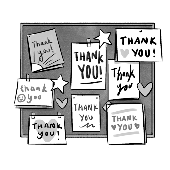 Bulletin board with thank you notes