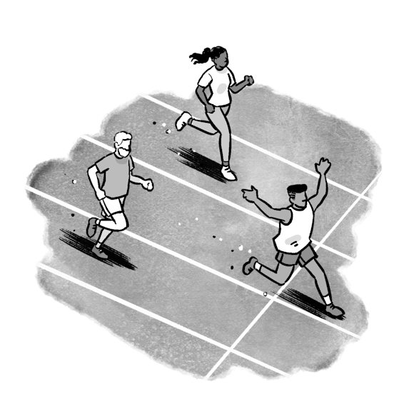 Three people exercising on an outdoor running track, shown in black and white illustration style