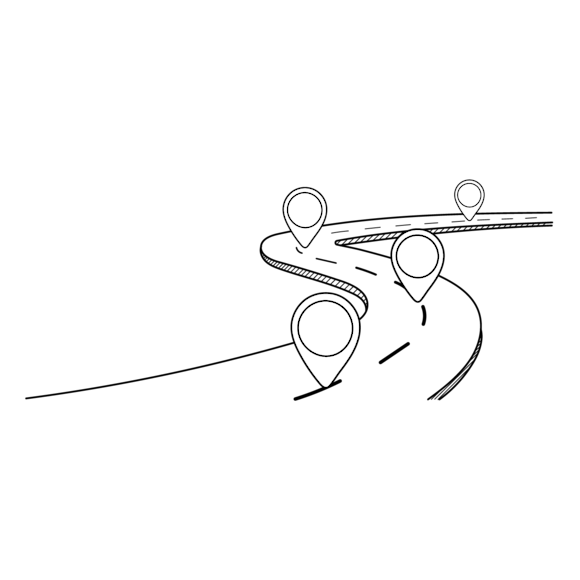 Winding road with four location pins.