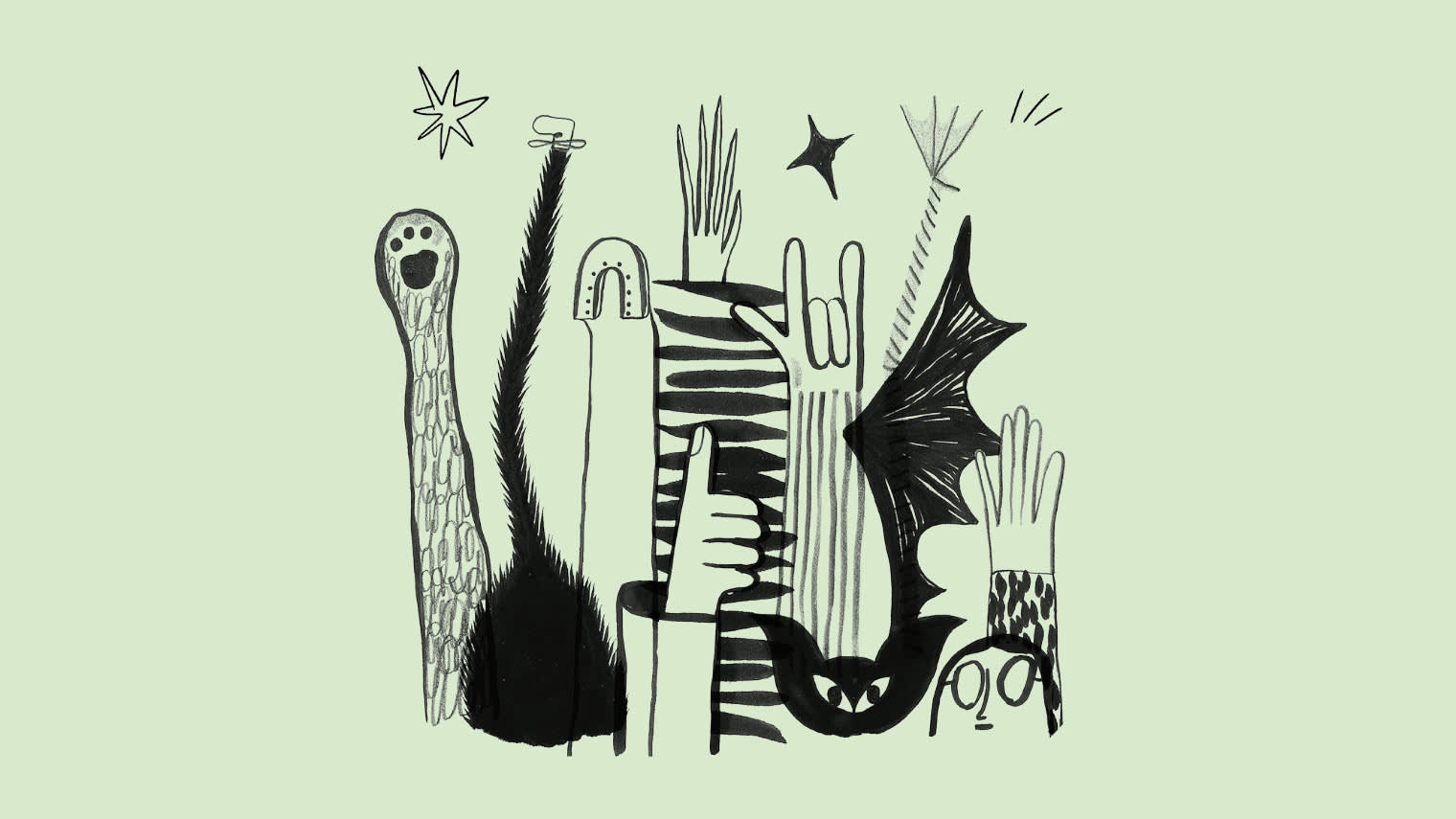 Illustration of human hands and animal hands being raised