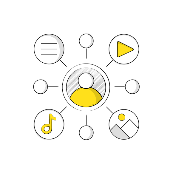 marketing channels concept - Line drawing of user profile icon connected to media symbols including text, play button, music note, and image icon