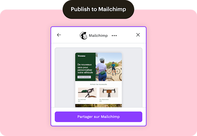 Tandu crée un e-mail entièrement conçu dans Canva et le partage directement dans Mailchimp via le bouton Partager de Canva.