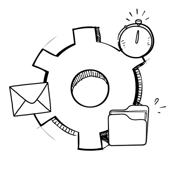 Icons of a timer, folder, and email logo 