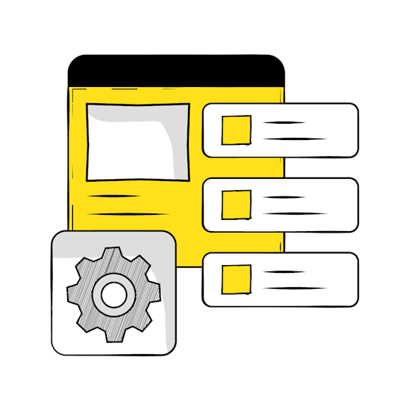 personalize email content - A simple menu interface with three horizontal white rectangles on a yellow background, with a gear icon at the bottom