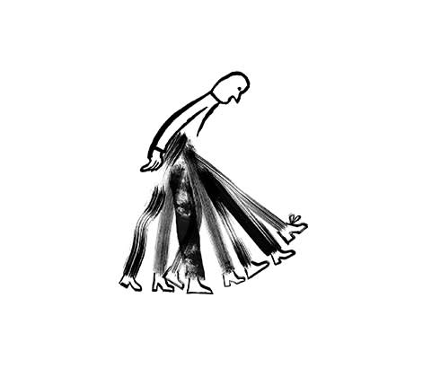 An illustration of a person with many feet stepping forward.